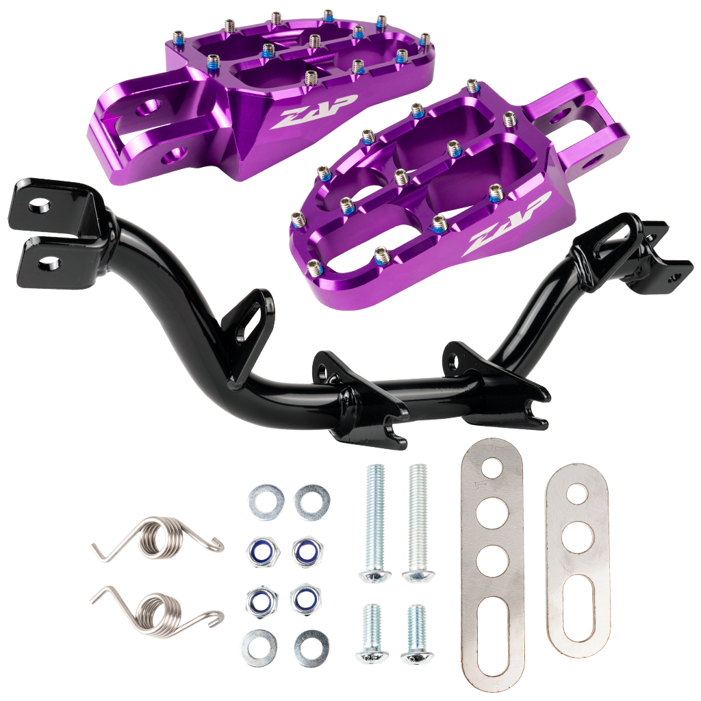 Fußrastenträger verstärkt, mit Abstützung (schwarz pulverbeschichtet) mit ZAP Fußrasten (violett eloxiert)