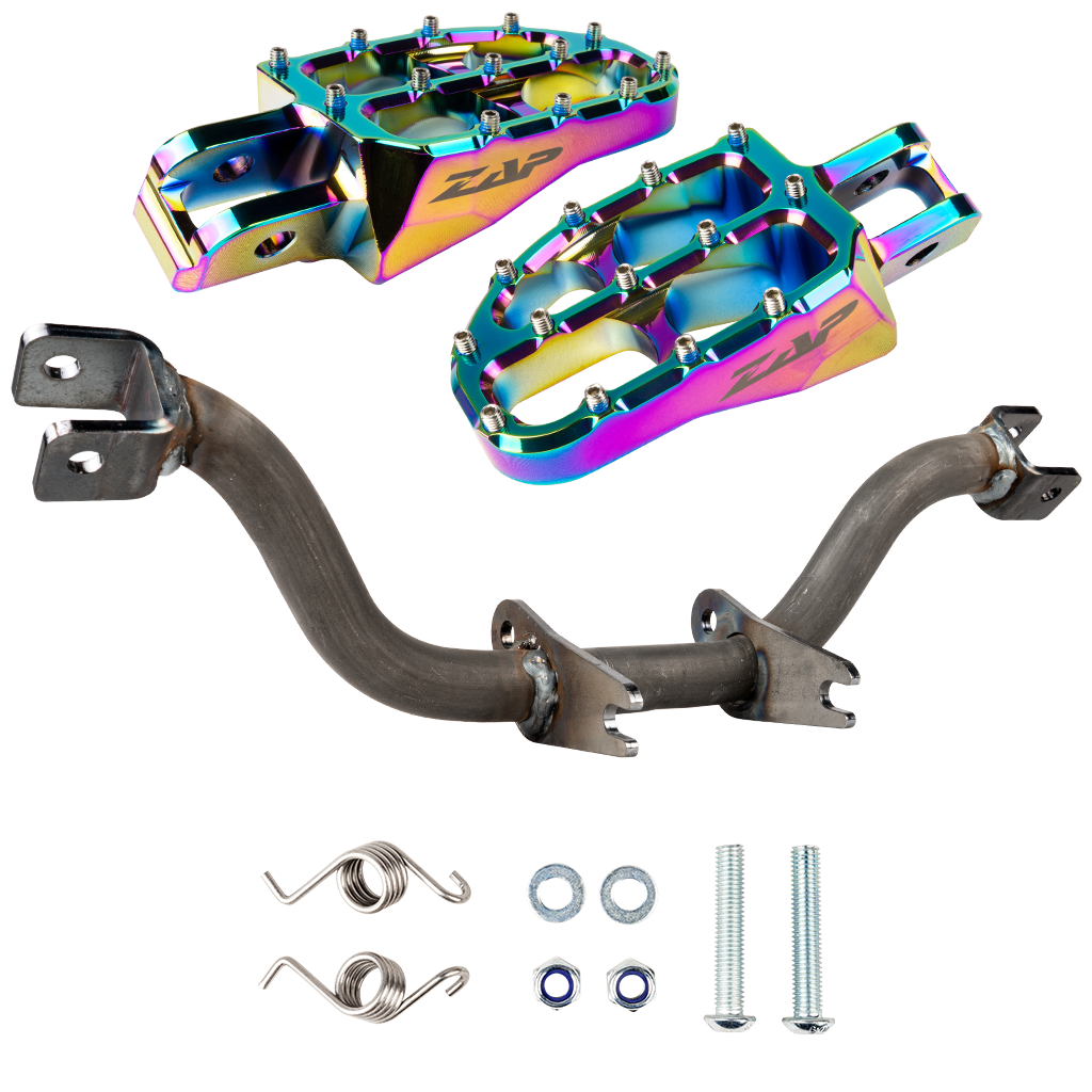 Fußrastenträger verstärkt (unbeschichtet) mit ZAP Fußrasten (rainbow eloxiert)