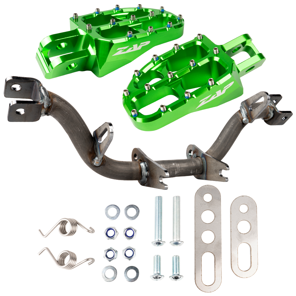 Fußrastenträger verstärkt, mit Abstützung (unbeschichtet) mit ZAP Fußrasten (grün eloxiert)