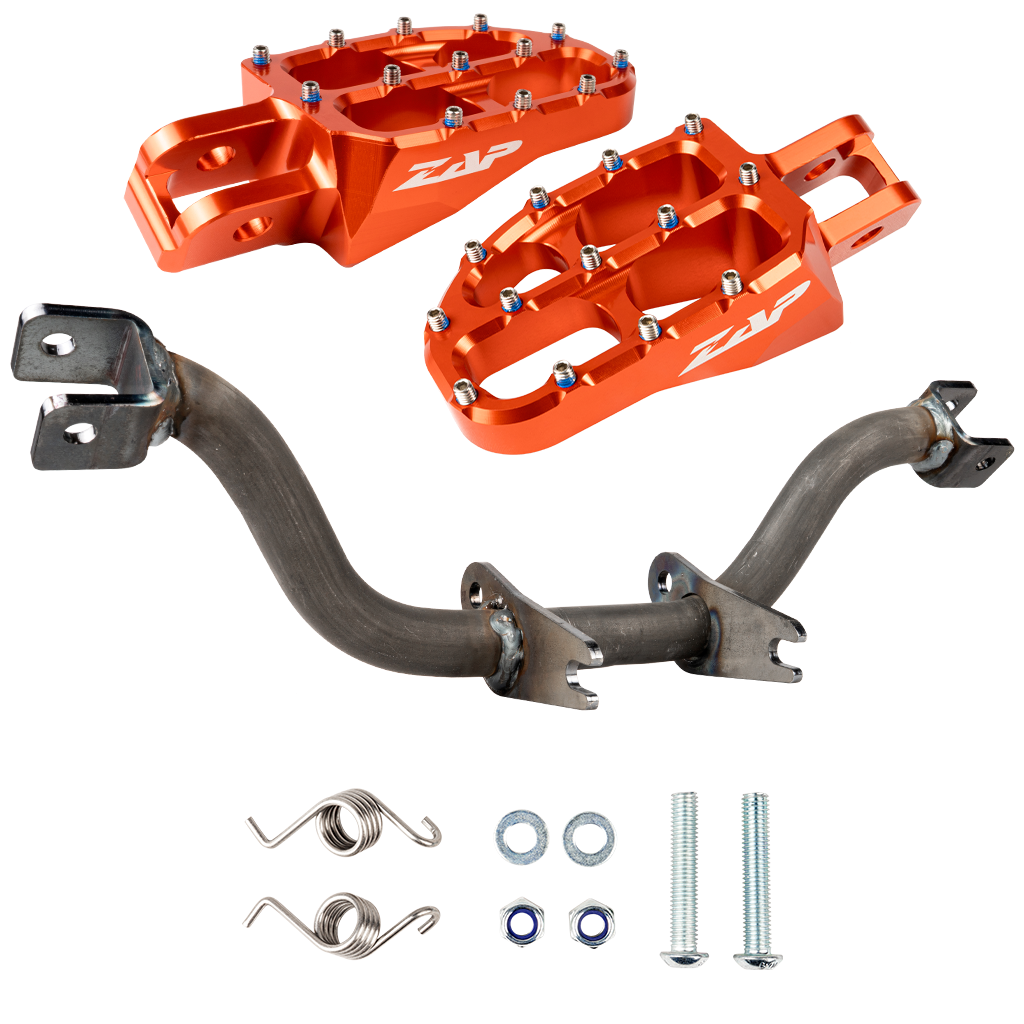 Fußrastenträger verstärkt (unbeschichtet) mit ZAP Fußrasten (orange eloxiert)