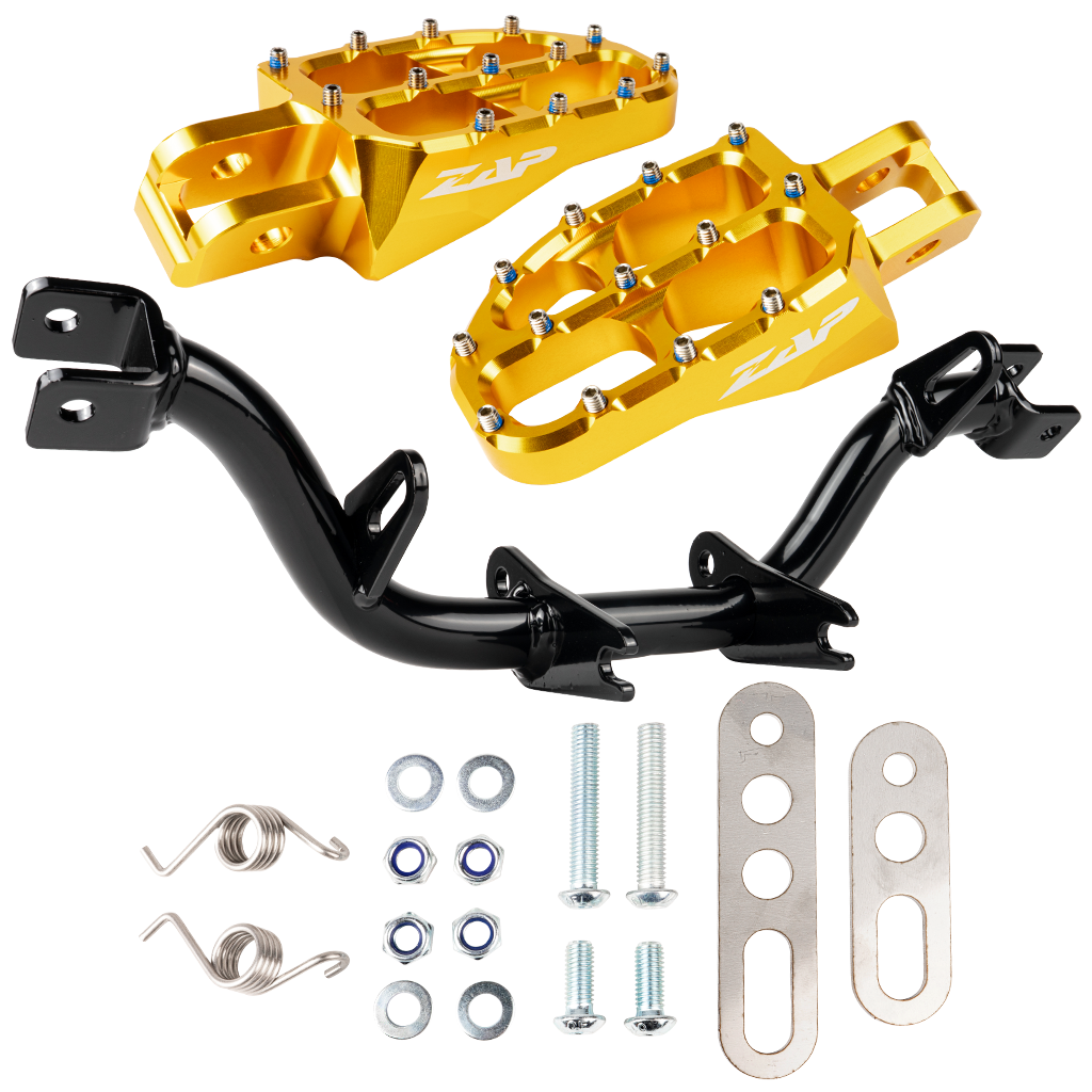 Fußrastenträger verstärkt, mit Abstützung (schwarz pulverbeschichtet) mit ZAP Fußrasten (gold eloxiert)