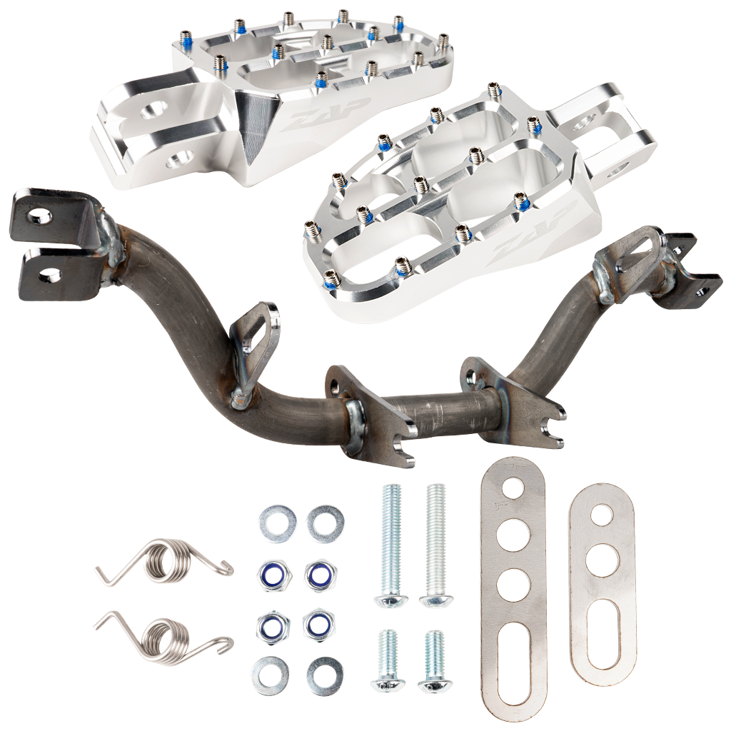 Fußrastenträger verstärkt, mit Abstützung (unbeschichtet) mit ZAP Fußrasten (silber eloxiert)