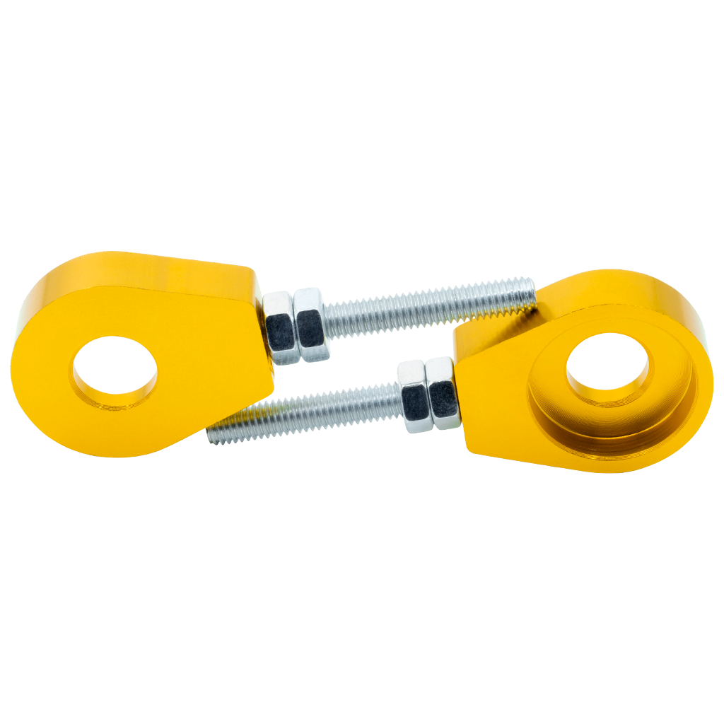 Eloxierter ("Elox") CNC Kettenspanner, 2er Set, für 12mm Steckachse, Aluminium - Gold