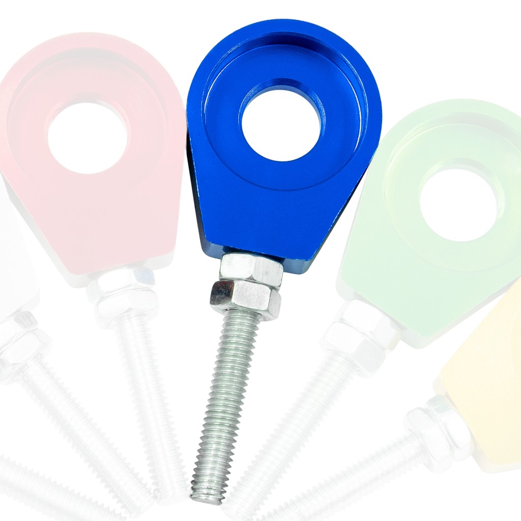 Eloxierter ("Elox") CNC Kettenspanner, 2er Set, für 12mm Steckachse, Aluminium - Blau