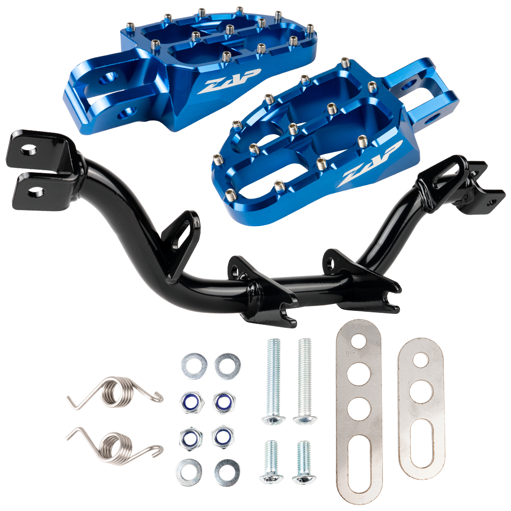 Fußrastenträger verstärkt, mit Abstützung (schwarz pulverbeschichtet) mit ZAP Fußrasten (blau eloxiert)