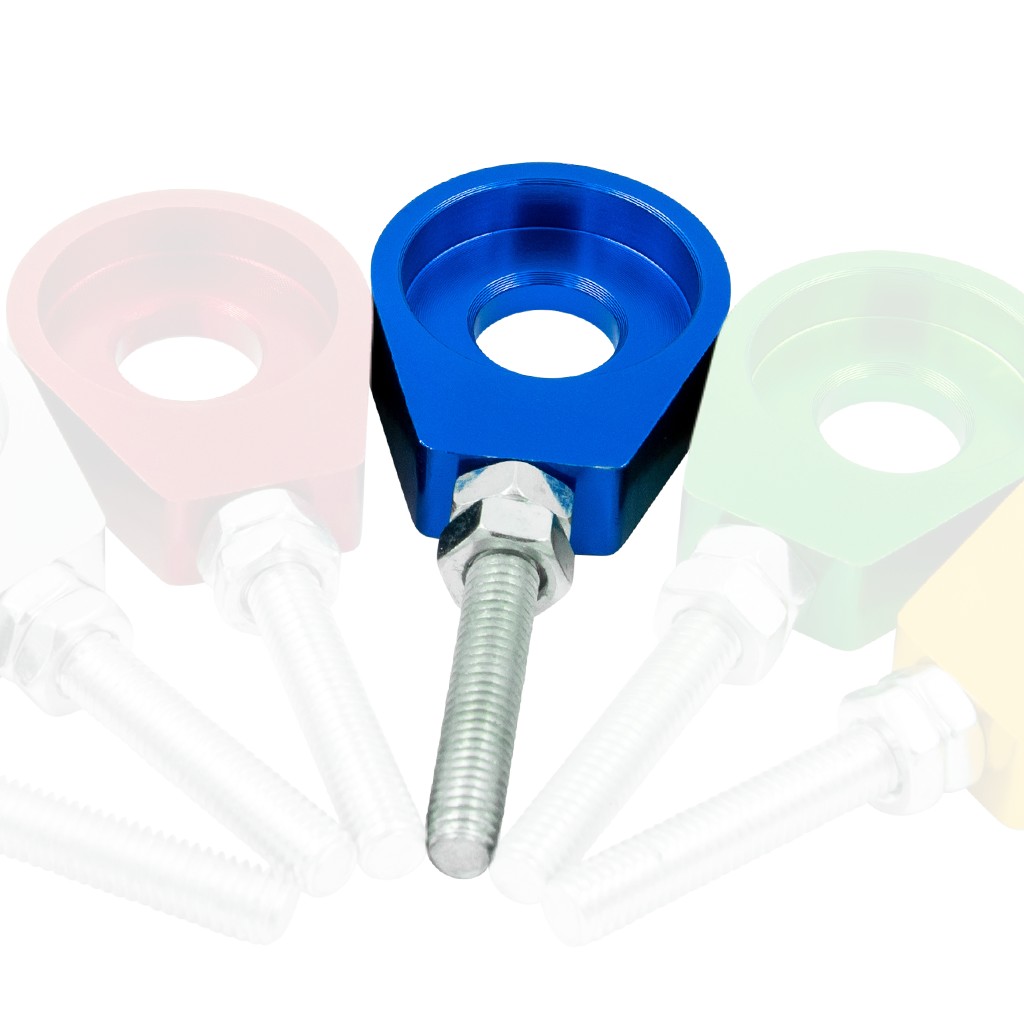 Eloxierter ("Elox") CNC Kettenspanner, 2er Set, für 12mm Steckachse, Aluminium - Blau