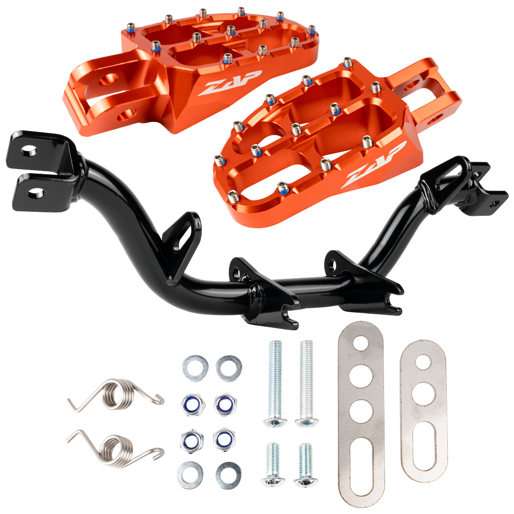 Fußrastenträger verstärkt, mit Abstützung (schwarz pulverbeschichtet) mit ZAP Fußrasten (orange eloxiert)