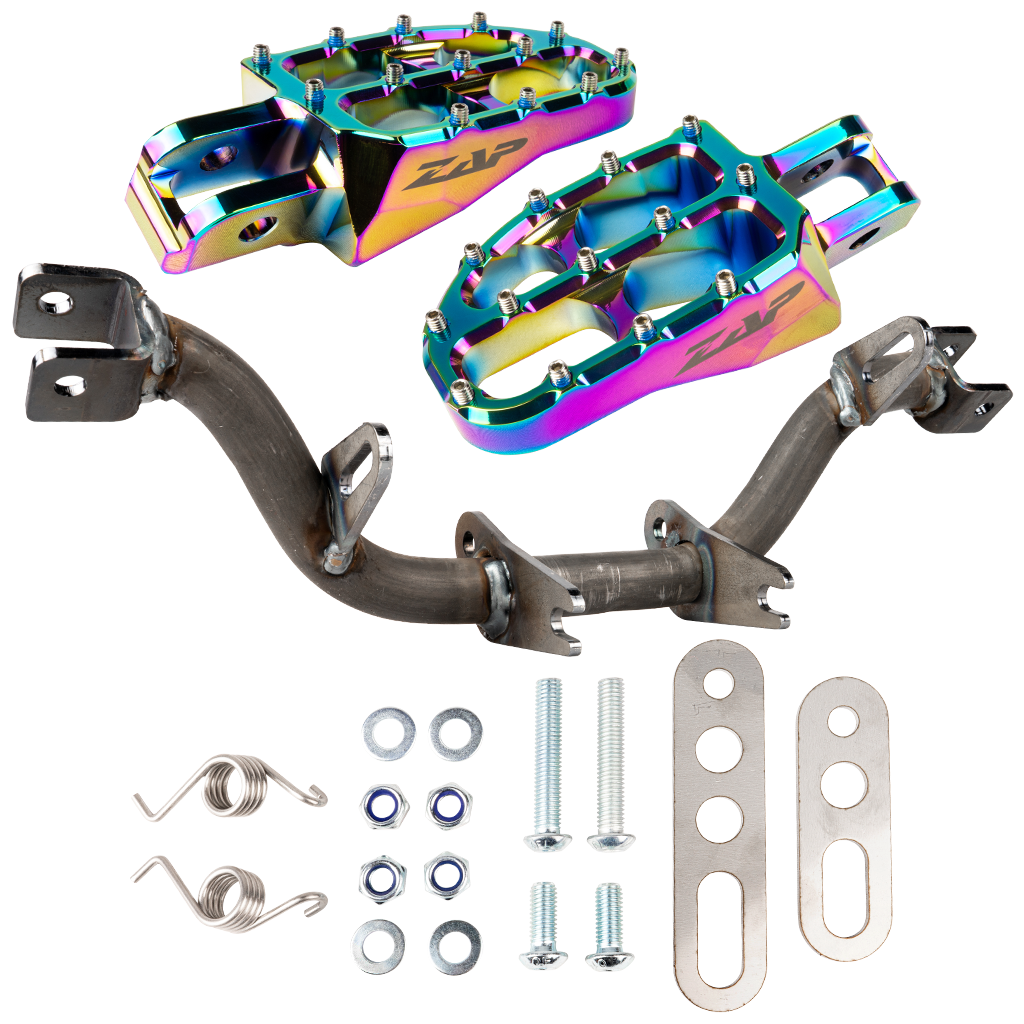 Fußrastenträger verstärkt, mit Abstützung (unbeschichtet) mit ZAP Fußrasten (rainbow eloxiert)