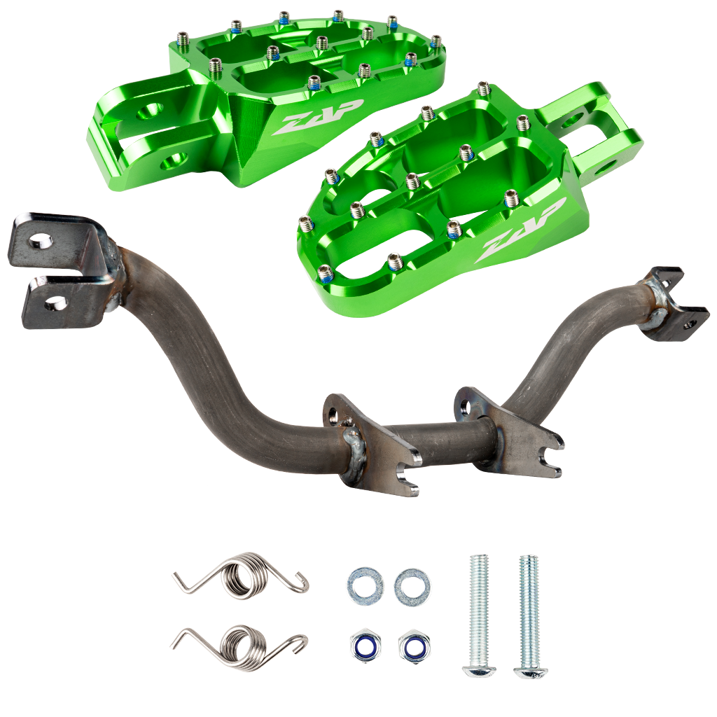 Fußrastenträger verstärkt (unbeschichtet) mit ZAP Fußrasten (grün eloxiert)