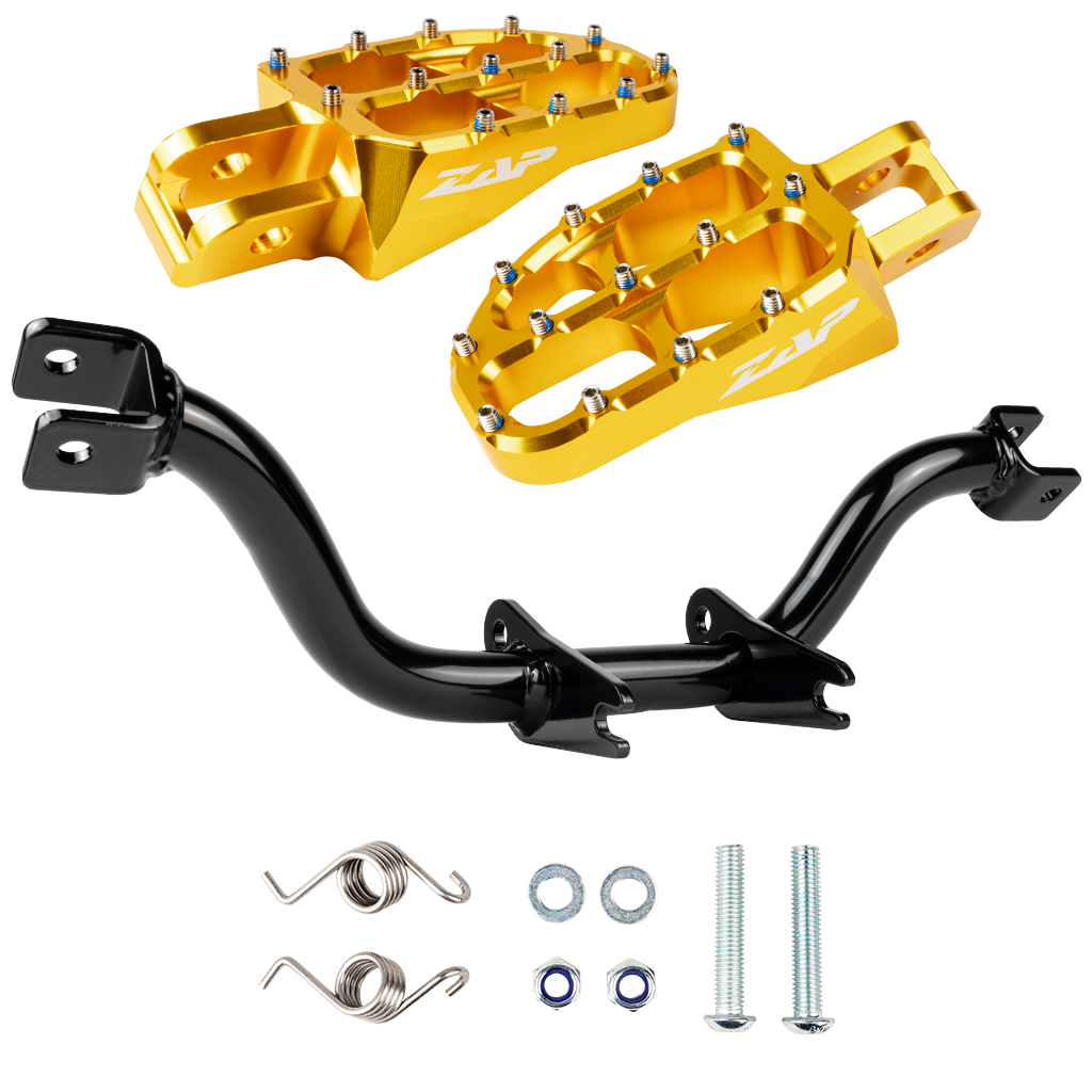 Fußrastenträger verstärkt (schwarz pulverbeschichtet) mit ZAP Fußrasten (gold eloxiert)