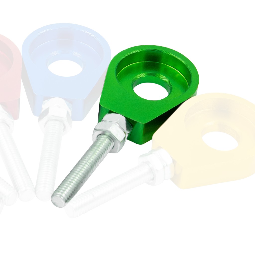 Eloxierter ("Elox") CNC Kettenspanner, 2er Set, für 12mm Steckachse, Aluminium - Grün