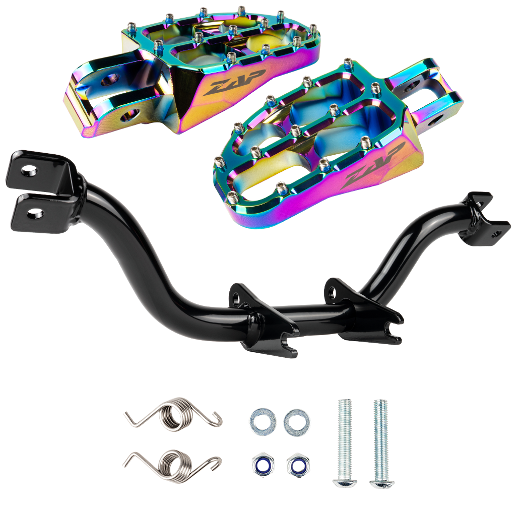 Fußrastenträger verstärkt (schwarz pulverbeschichtet) mit ZAP Fußrasten (rainbow eloxiert)