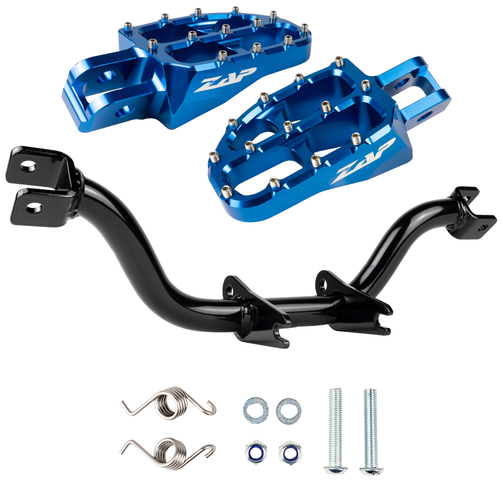 Fußrastenträger verstärkt (schwarz pulverbeschichtet) mit ZAP Fußrasten (blau eloxiert)