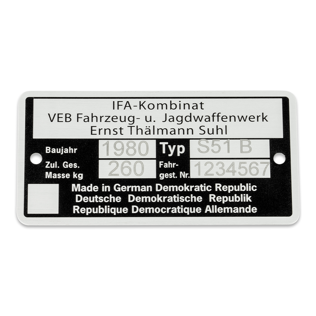 SH - Laserservice: Typenschild für Simson mit Wunsch Gravur