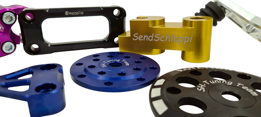 Wunschgravur+Wunschtext auf eloxierten Simson-Teilen - CNC Knochen/Arial
