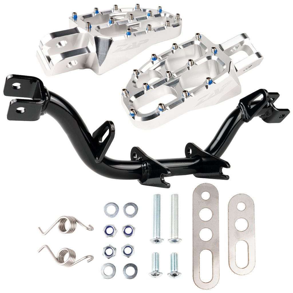 Fußrastenträger verstärkt, mit Abstützung (schwarz pulverbeschichtet) mit ZAP Fußrasten (silber eloxiert)