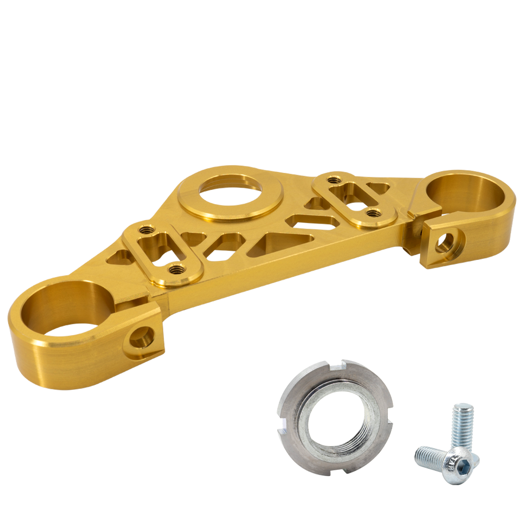 CNC Enduro Gabelbrücke Oberteil mit Zubehör für Simson, eloxiert ("Elox") - Kegelrollenlager / Gold