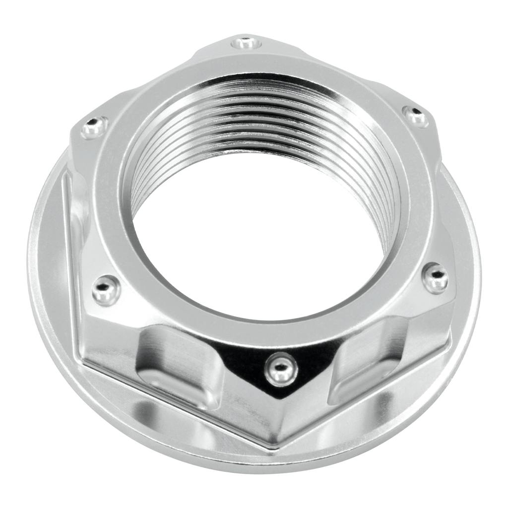 SH Eloxierte ("Elox") Mutter für Simson Lenkkopf / Steuerrohr, für ROX/SH/CP/LT/Original Gabelbrücke - Silber