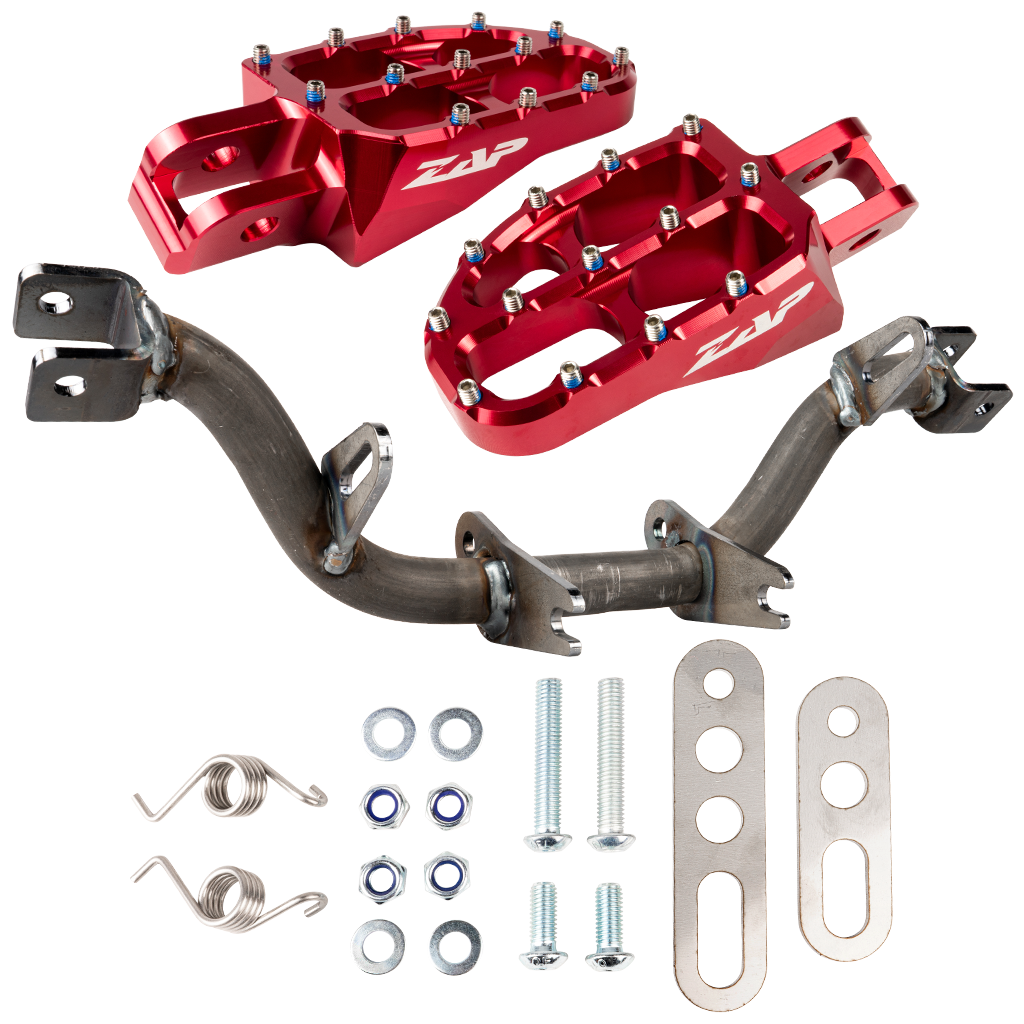 Fußrastenträger verstärkt, mit Abstützung (unbeschichtet) mit ZAP Fußrasten (rot eloxiert)