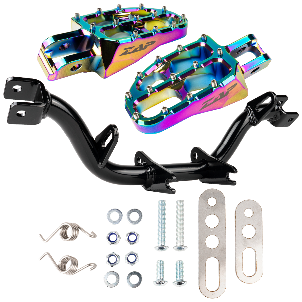 Fußrastenträger verstärkt, mit Abstützung (schwarz pulverbeschichtet) mit ZAP Fußrasten (rainbow eloxiert)